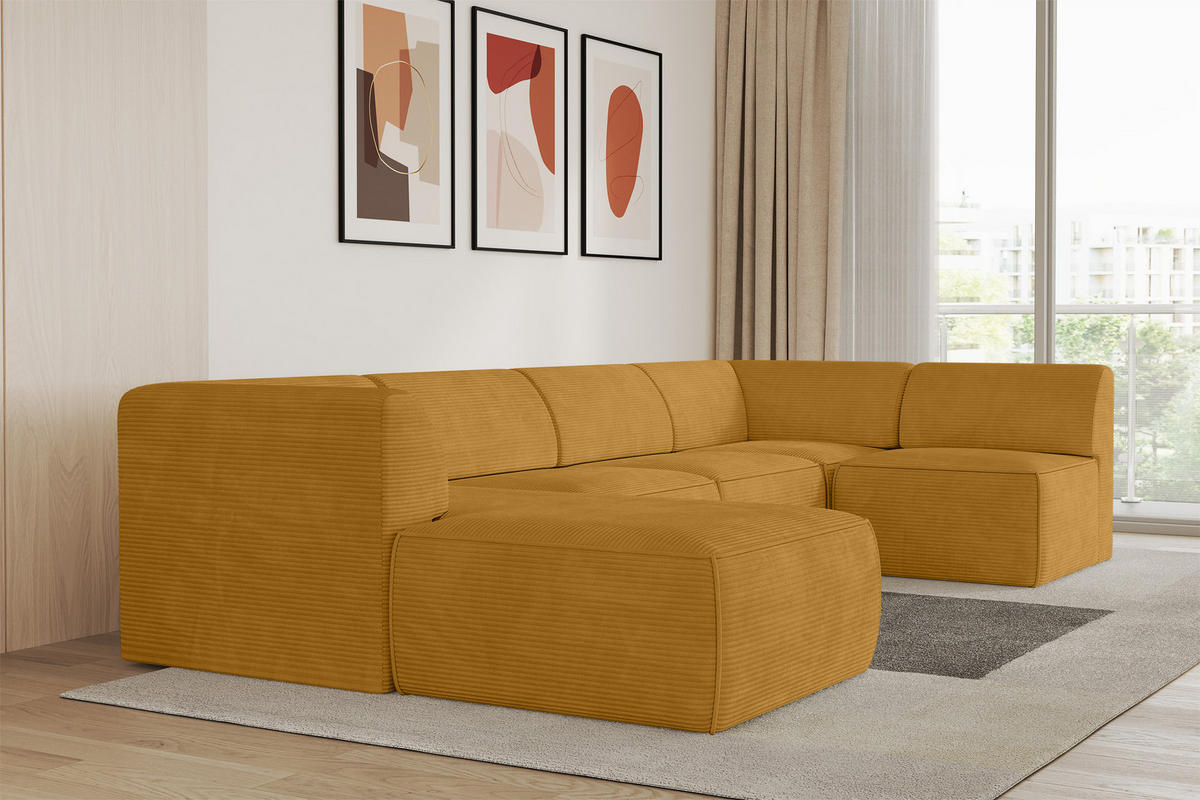 WOHNLANDSCHAFT Ottomane Links MOVO-L 345x180x78 cm Senffarbe Cord - Honig, Holzwerkstoff/Kunststoff (345/78/180cm) - ALTDECOR