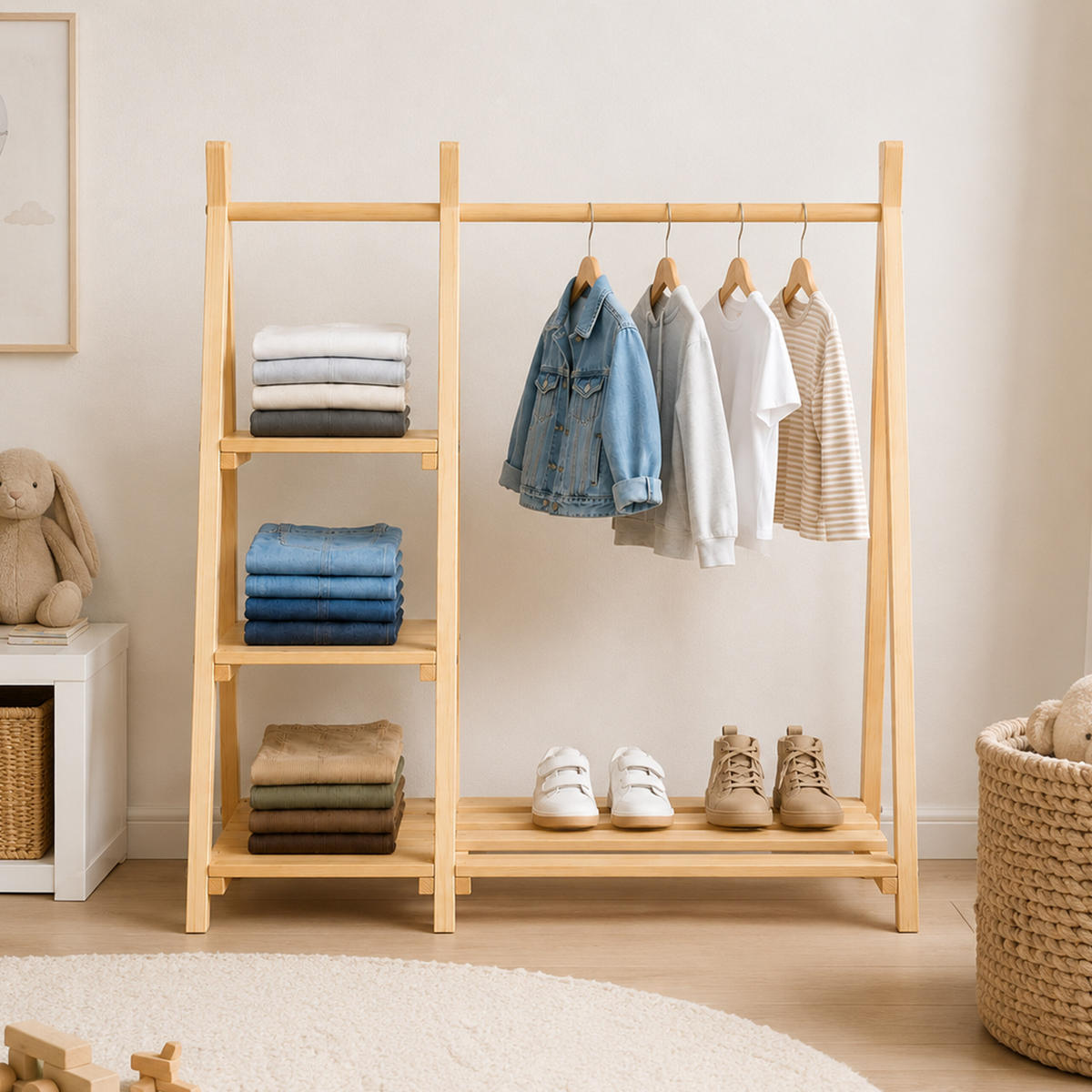 KINDERKLEIDERSTÄNDER Natur Kiefernholz mit Regal 111,5 cm - Hellbraun, Holz (112/111.5/48cm) - Relaxdays
