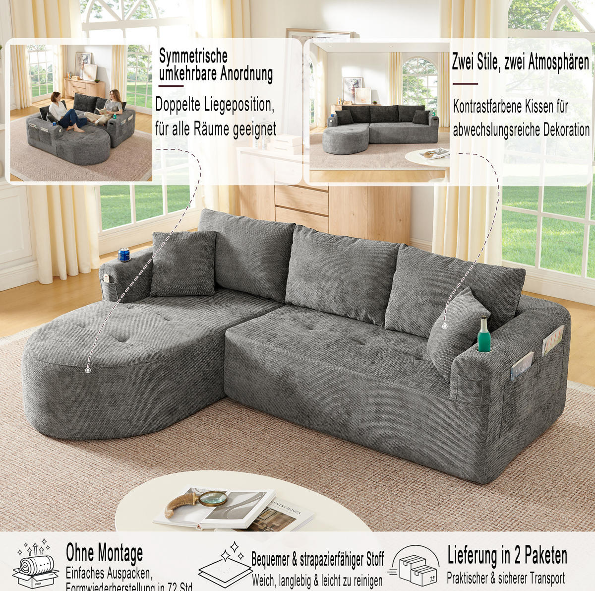 ECKSOFA L-Form montagefrei mit Edelstahl-Becherhalter, Seitentaschen und Leinenoptik, Grau - Grau, Textil (255/170cm) - Redom