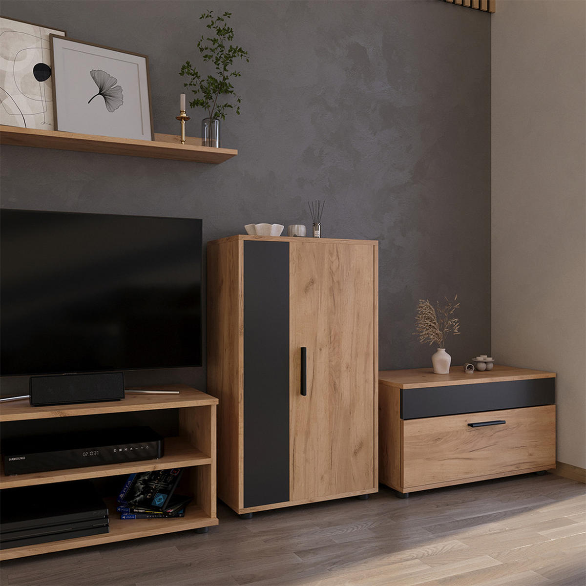 KOMMODE Berno Goldkraft Eiche/Anthrazit 50.1 x 87.3 cm mit 2 Fächern - Honigeiche/Anthrazit, Holzwerkstoff (50.1/87.3/28.3cm) - Vicco