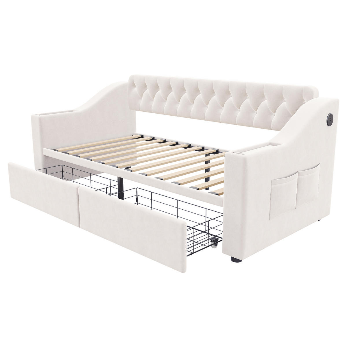 KINDERBETT 90/190 cm DE-02125, in Beige, mit Ablagen und 2 Schubladen - Beige, Metall (90/190cm) - ComfortXL