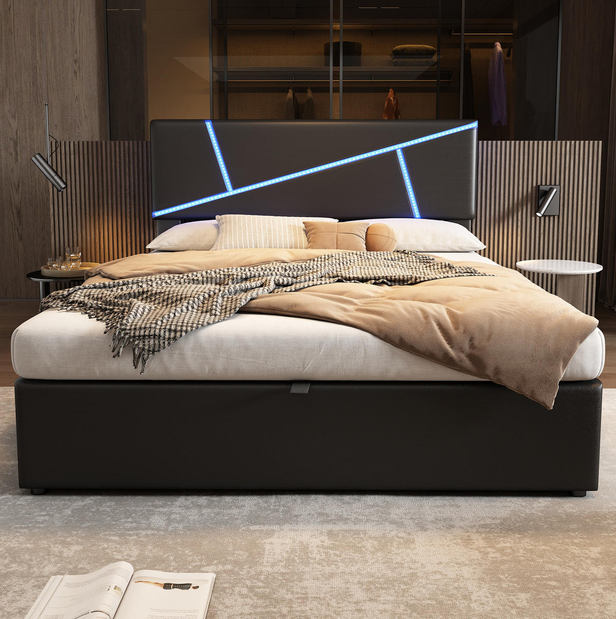 POLSTERBETT 90/200 cm aus PU mit LED-Beleuchtung und Stauraum Schwarz - Schwarz, Kunststoff (90/200cm) - Modenvie