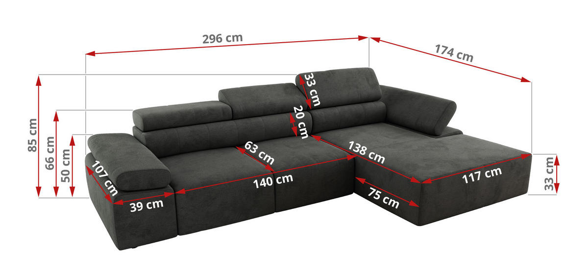 ECKSOFA RILASSO L Dunkelgrau Velvet - links - Dunkelgrau/Schwarz, Kunststoff/Textil (296/174cm) - MKS