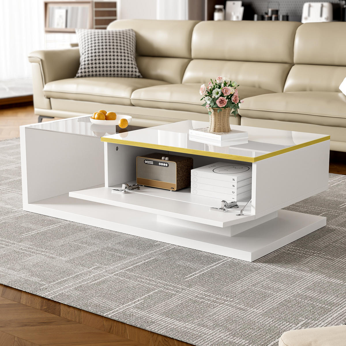 COUCHTISCH 100/50/32,5 cm mit Glasplatte, Stauraum und dimmbarer LED-Beleuchtung, Weiß - Weiß, Holzwerkstoff (100/50/32.5cm) - Redom