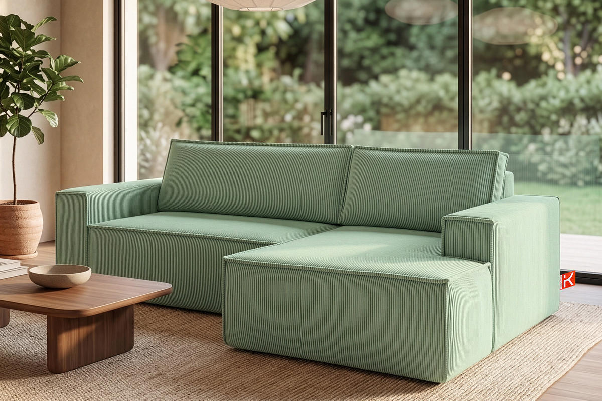 ECKSCHLAFSOFA-RECHTS NAPI in Pet Friendly Cord-Stoff, mintfarben - Schwarz/Mintgrün, Textil (262/148cm) - KONSIMO®
