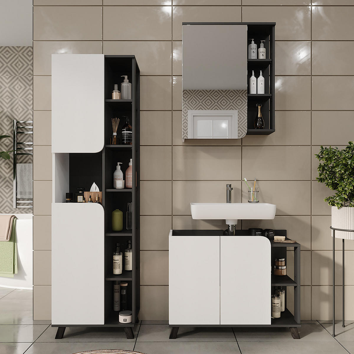 KOUPELNOVÝ NÁBYTEK Karen Antracitová/bílá - bílá/antracitová, kompozitní dřevo (80/65/35cm) - Vicco