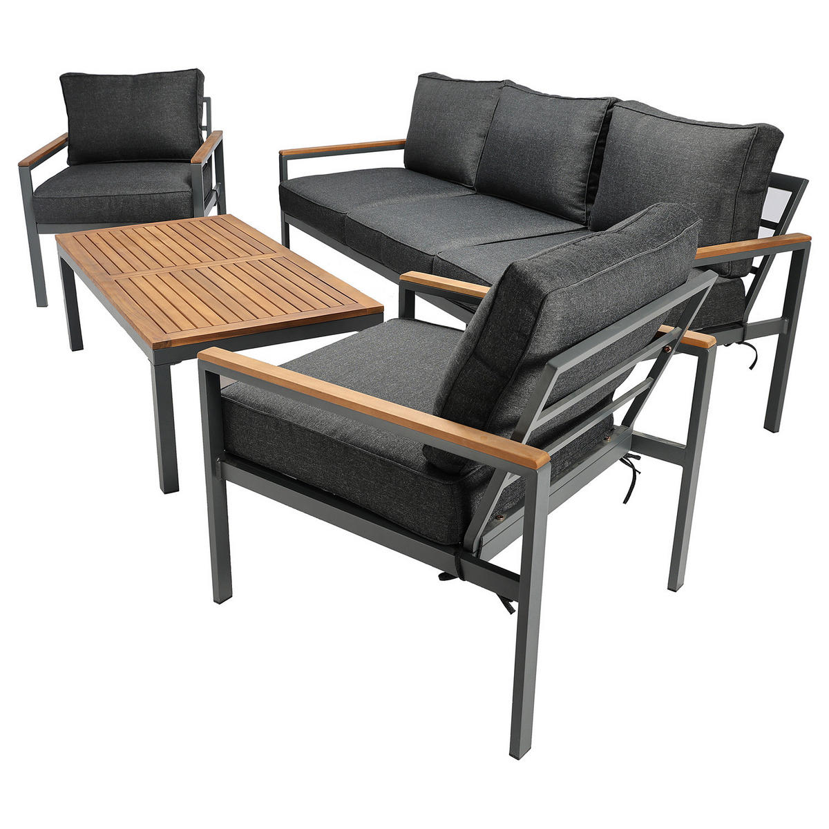 LOUNGESET - 4-teilig - Webstoff / Akazie massiv - Grau / Akazie Braun - Grau, Holz/Textil - home24