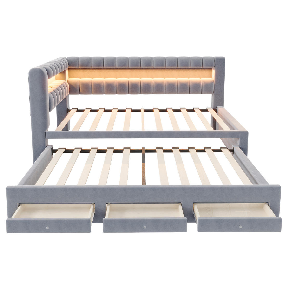 POLSTERBETT Schlafsofa aus Samt 90x190 cm Dunkelgrau mit Ausziehbett, Schubladen, LED und USB-/Typ-C-Anschlüssen - Grau, Textil (90/190cm) - Modfu
