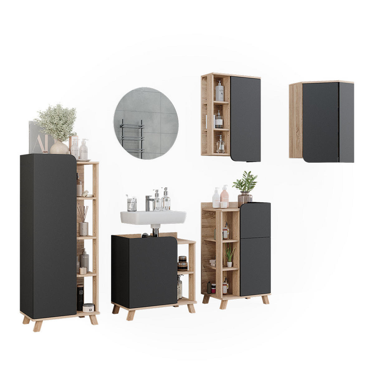 BADMÖBEL-SET Karen Sonoma 5 Teile - Anthrazit, Holzwerkstoff (60/65/35cm) - Vicco