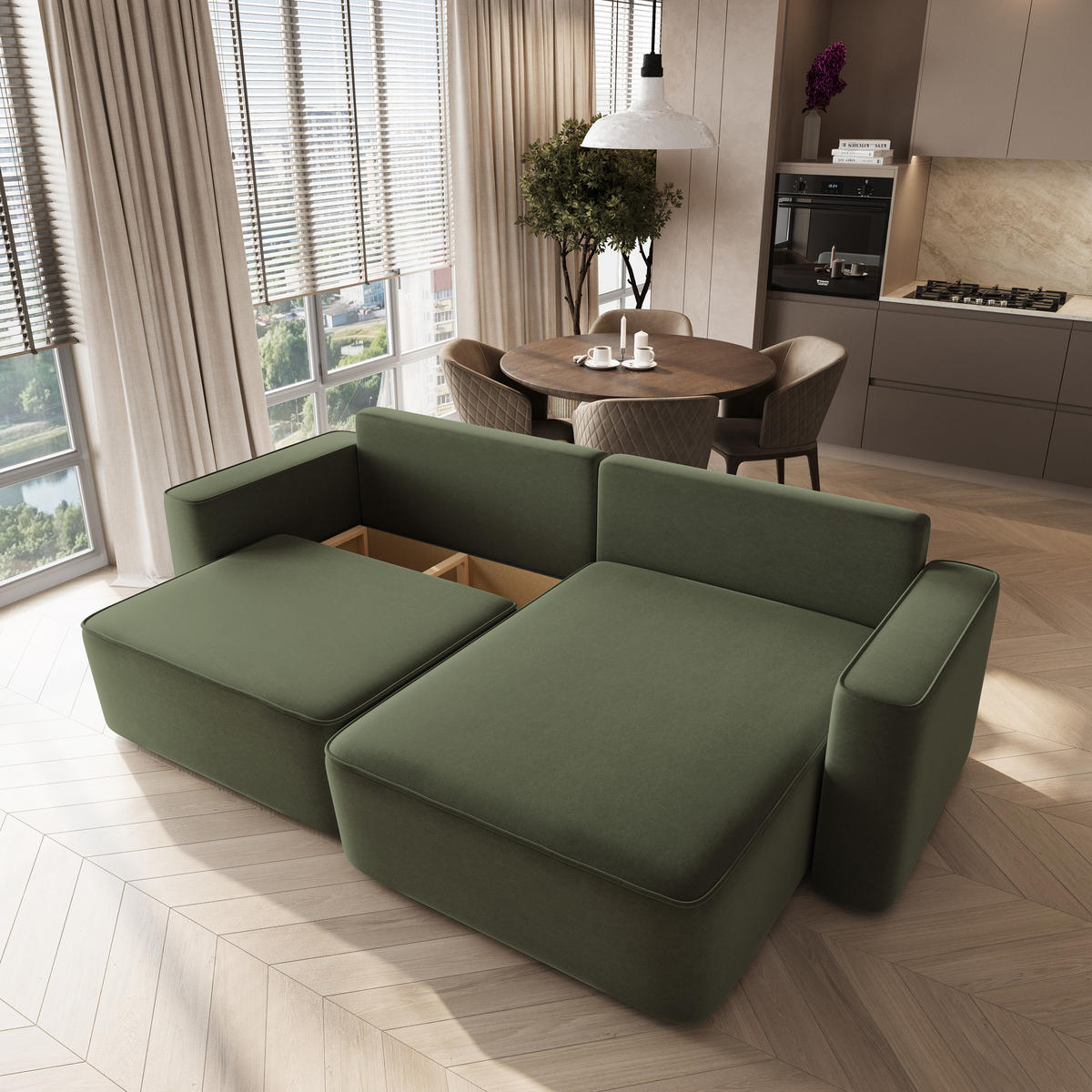 ECKSOFA BELISE CL Olivgrün Veloursstoff mit Schlaffunktion - Olivgrün, Holz/Textil (252/162cm) - MASSENO