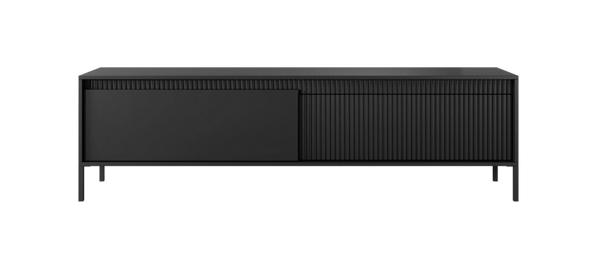 TV LOWBOARD SENSO, Geriffelte MDF-Fronten, Push-to-Open, Metallbeine, 40x188x54 cm, Schwarz - Schwarz, Holz/Holzwerkstoff (188/54/40cm) - DomoHome