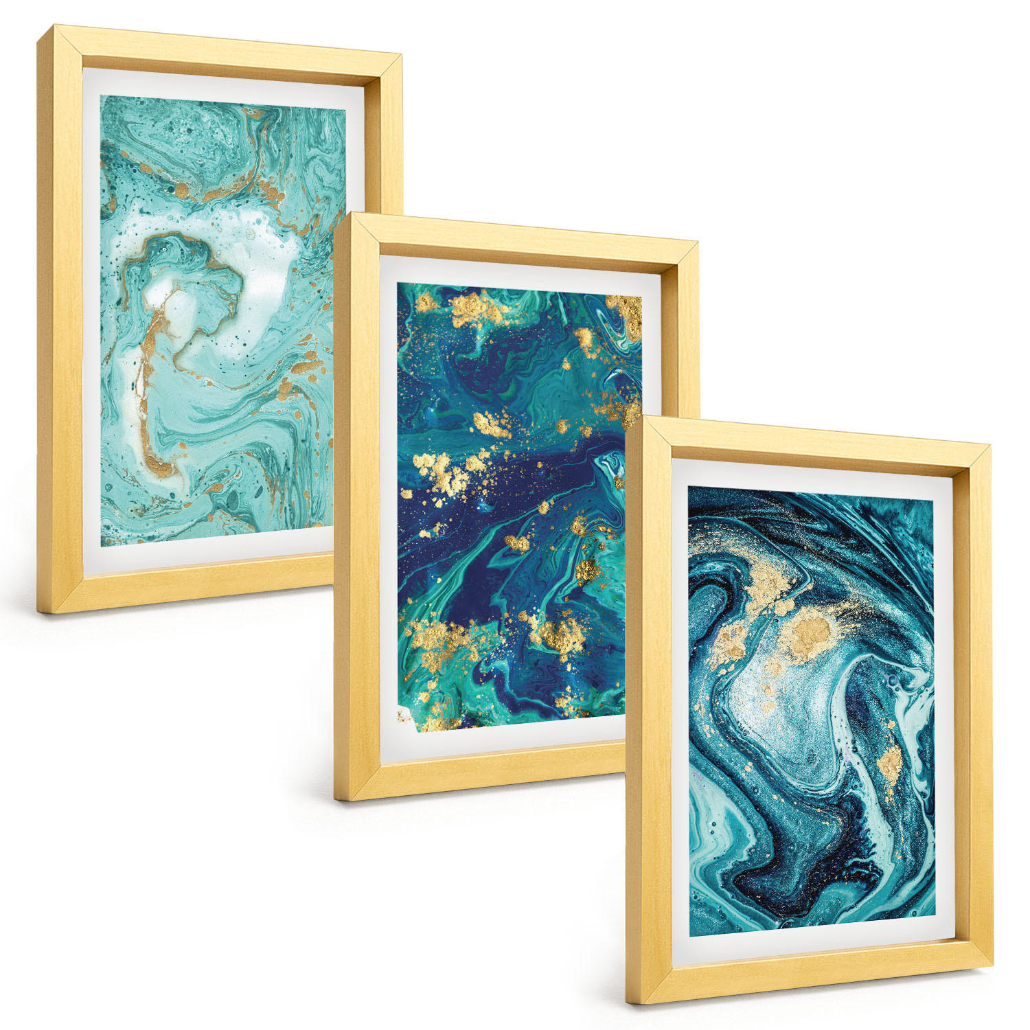 BILDER SET 3er Set - 20x30 cm Goldrahmen - Abstraktion von Türkisfarbe - Goldfarben, Kunststoff (20/30cm) - TULUP