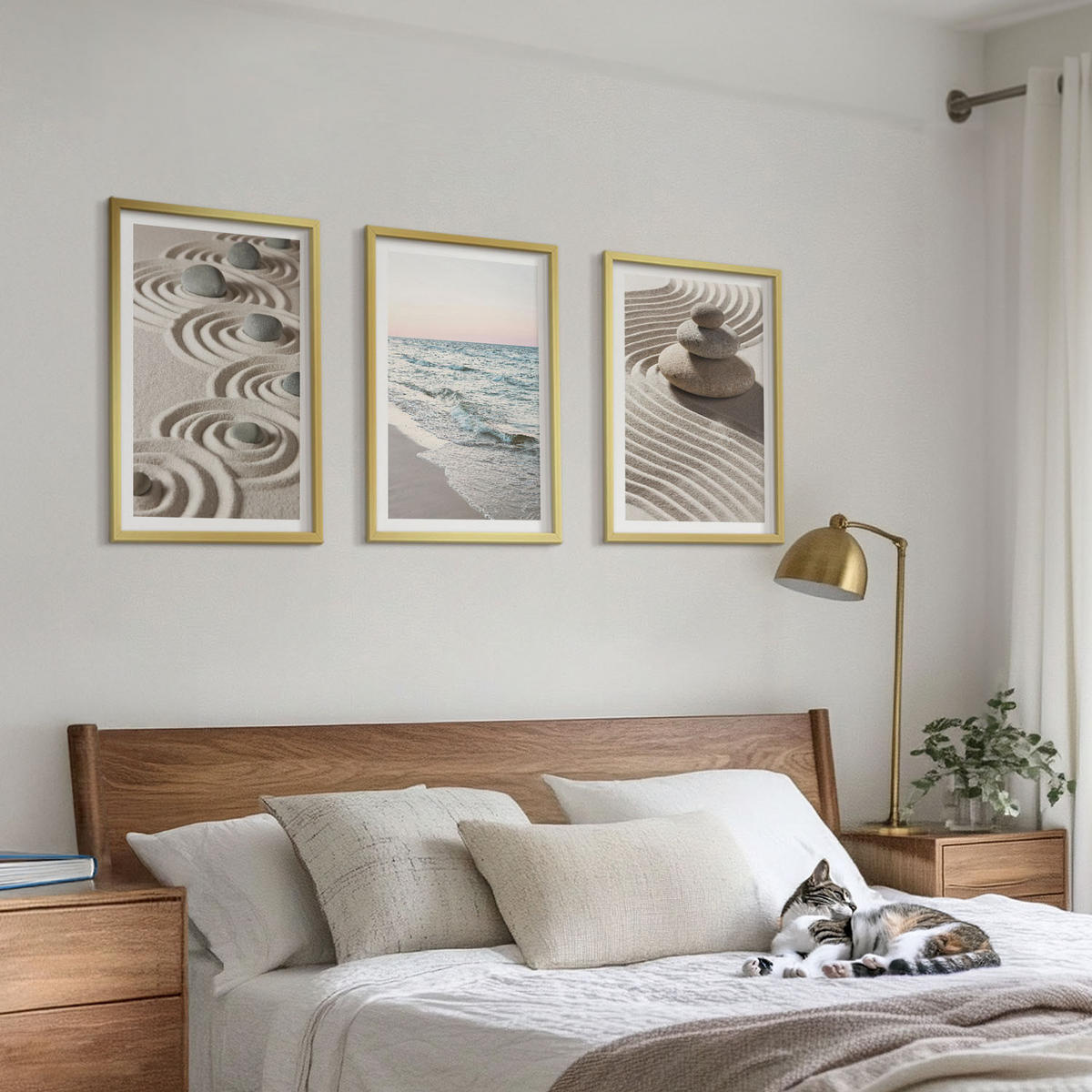 BILDER SET 3er Set - 40x60 cm Goldrahmen - Wellen, Sand, Wasser, Steine, Strand - Goldfarben, Kunststoff (40/60cm) - TULUP