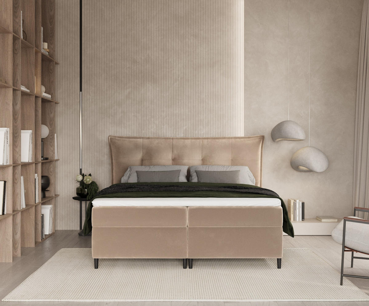 BOXBETT Sinai Hellbraun 200/200 cm mit Taschenmatratze und Topper - Hellbraun/Schwarz, Holz/Holzwerkstoff (200/200cm) - Maison de Reve