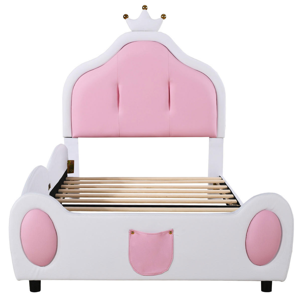 KINDERBETT 90/200 cm Weiß/Pink mit Kronenleiste aus Kunstleder - Weiß, Textil (90/200cm) - OKWISH