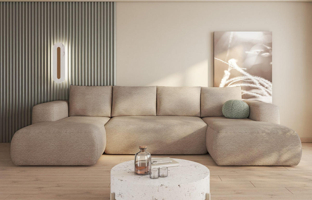 ECKSOFA LAMBI U, Wohnlandschaft U Form mit +3 Sitzen, Beige - Lambi 06 - Beige, Textil (340/89/114cm) - Moderno Meble
