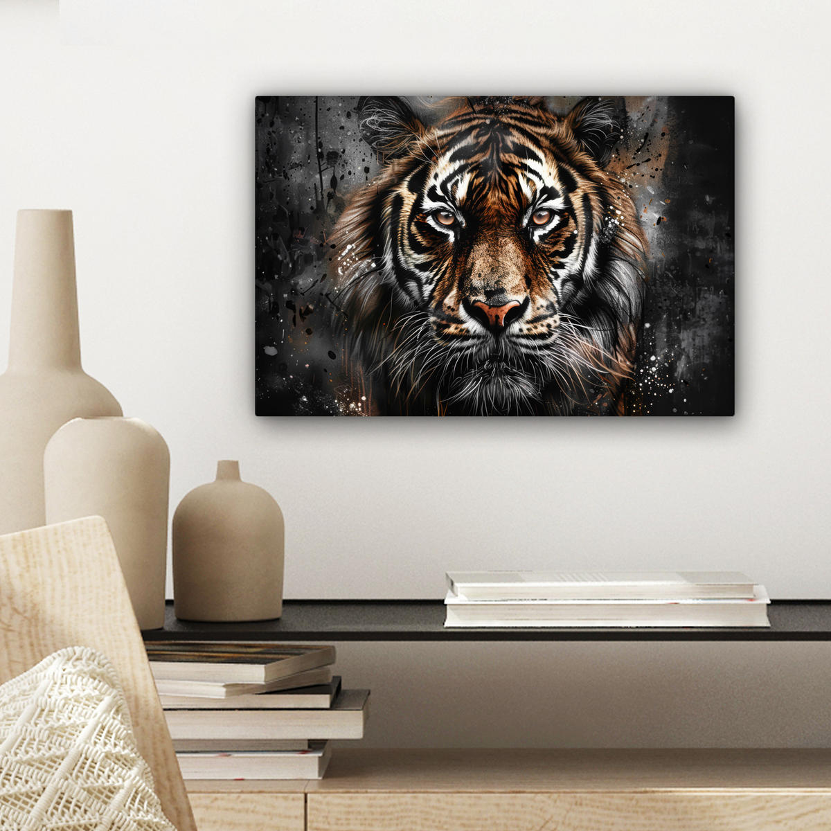 LEINWANDBILD Tiger - Tiere - Porträt - Luxus - Schwarz 30x20 cm - Anthrazit, Textil (30/20cm) - MuchoWow