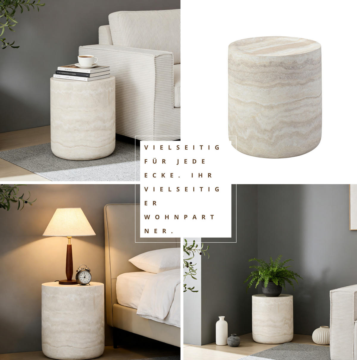 BEISTELLTISCH aus Fiberglas 40x40x45 cm Beige in Travertin-Optik, wasserabweisend und kratzfest - Beige, Glas (40/40/45cm) - Modfu