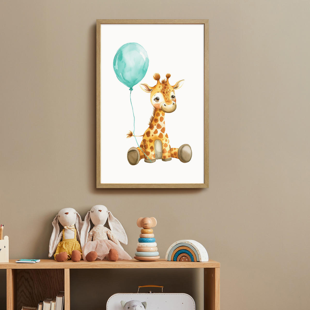 NACHTTISCHLAMPE MIT AKKU Giraffe - Baby - Tiere - Blauer Ballon 40x60 cm - Weiß, Holzwerkstoff (8/40/60cm) - OnlyWow