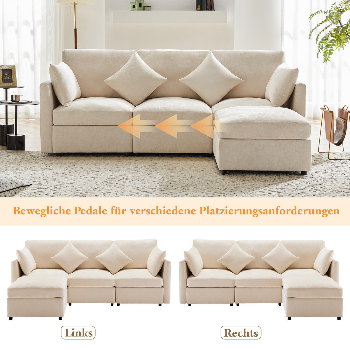 ECKSOFA Chenille mit Hocker 216/161/81 cm Beige inklusive 4 Kissen - Beige, Textil (161/216cm) - Redom