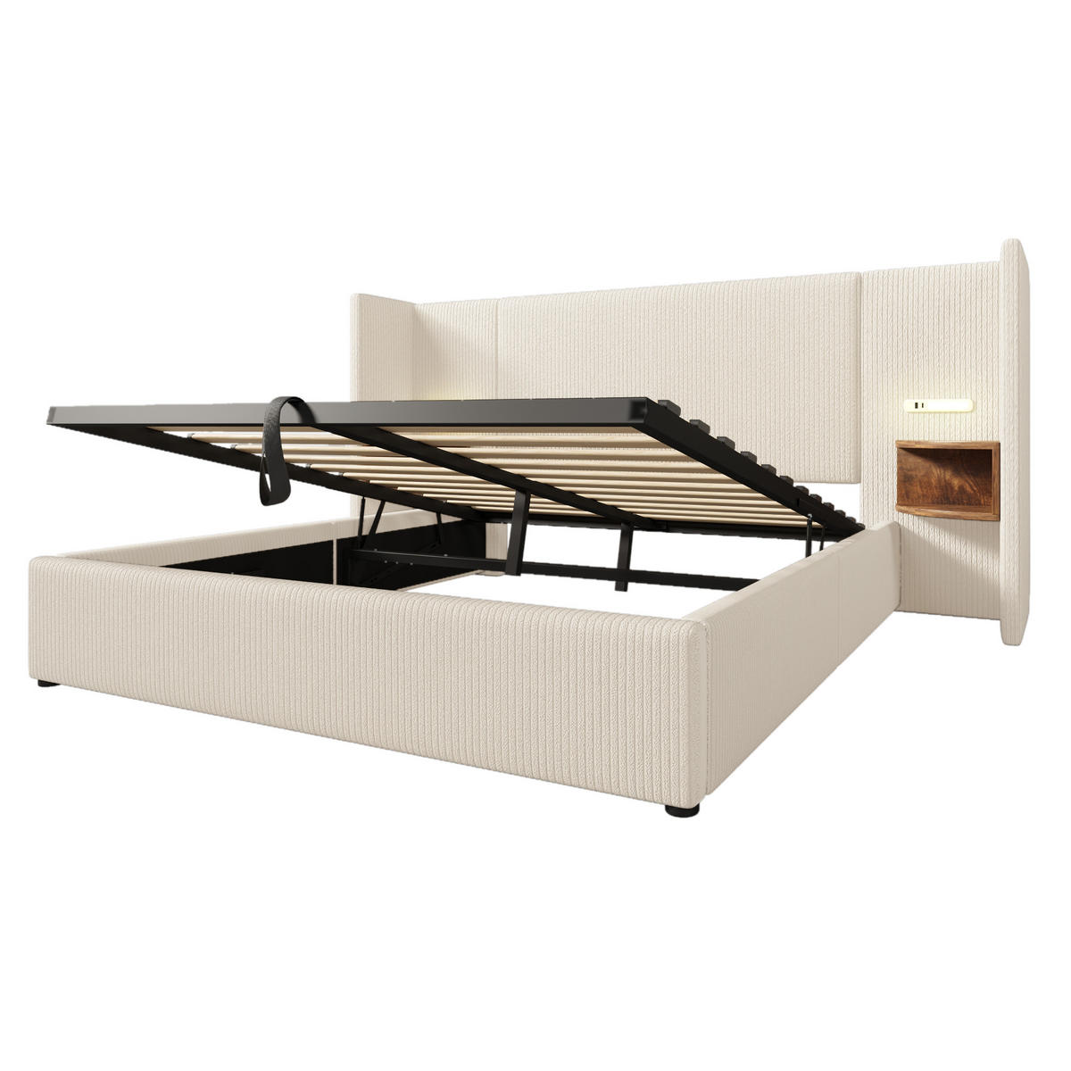 POLSTERBETT 160/200 cm Beige-Weiß mit Stauraum und Leselampe aus Cordstoff - Weiß, Textil (160/200cm) - OKWISH