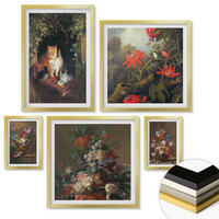 WANDBILDER 5er Set - 50x50 cm & 20x30 cm & 40x60 cm Goldrahmen - Vintage-Blumen, Katzen, Pflanzen - Goldfarben, Kunststoff (40/60cm) - ArtPrintCave