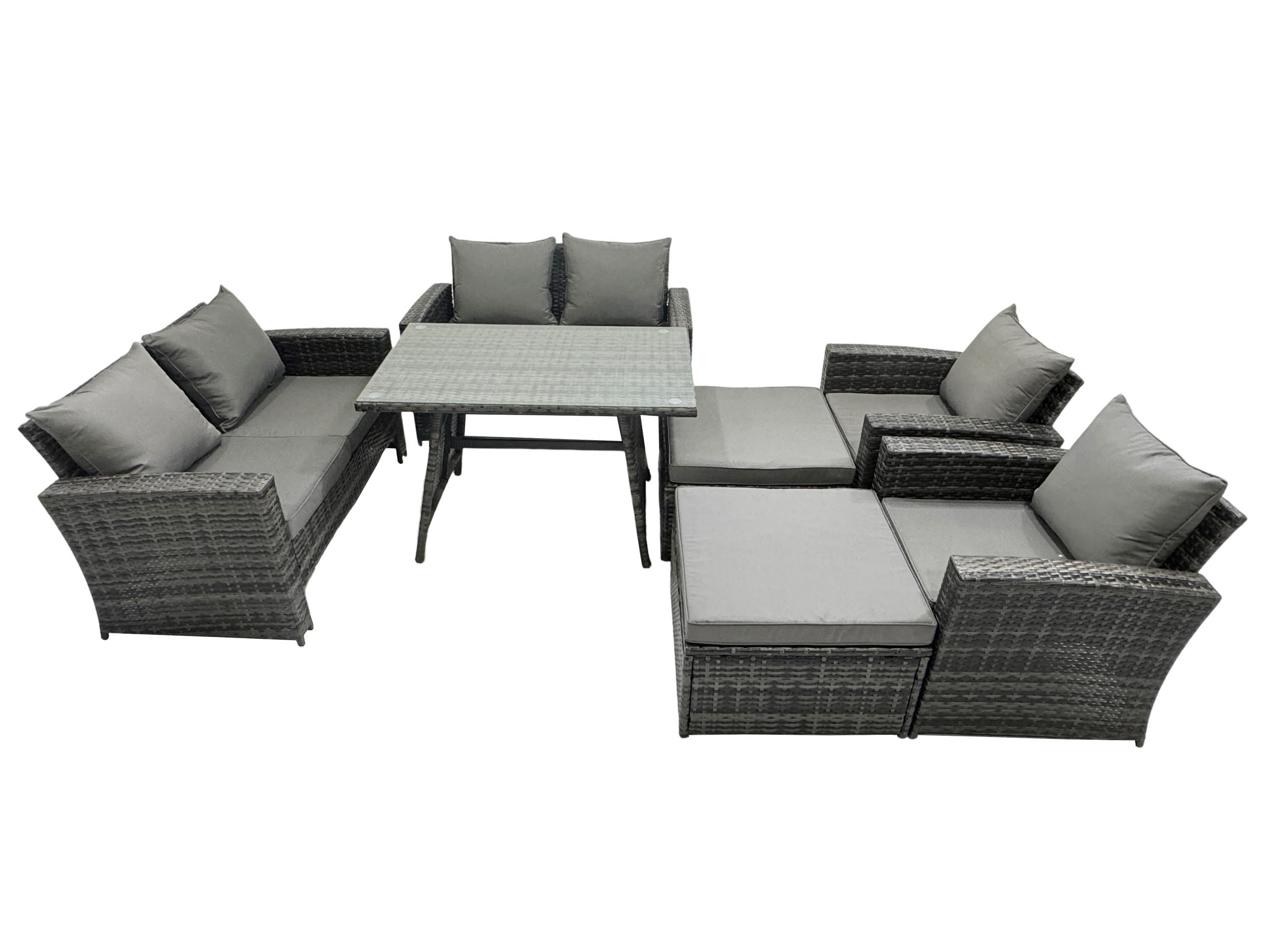 GARTENMÖBELSET mit ESSTISCH,HOCHLEHNER-SOFA Polyrattan Dunkelgrauer Mix 8-Sitzer - Dunkelgrau/Grau, Glas/Kunststoff - Fimous