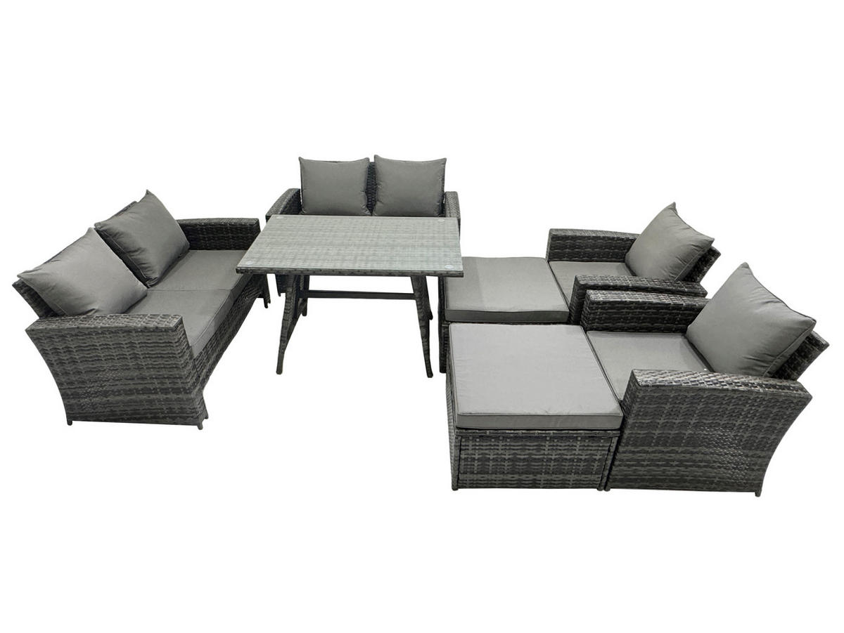GARTENMÖBELSET mit ESSTISCH,HOCHLEHNER-SOFA Polyrattan Dunkelgrauer Mix 8-Sitzer - Dunkelgrau/Grau, Glas/Kunststoff - Fimous