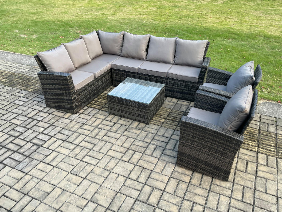 BALKONMÖBEL-SETS mit Ecksofa,Quadratischer Couchtisch,2 Sesseln Polyrattan Dunkelgrau 8-Sitzer - Dunkelgrau/Grau, Glas/Kunststoff - Fimous
