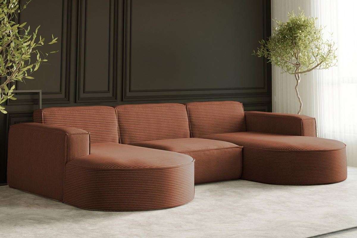 ECKSOFA Designer MODENA U STUDIO Stoff Dicker Cord Ziegel - Kupferfarben, Holz (165/299cm) - Kaiser Möbel