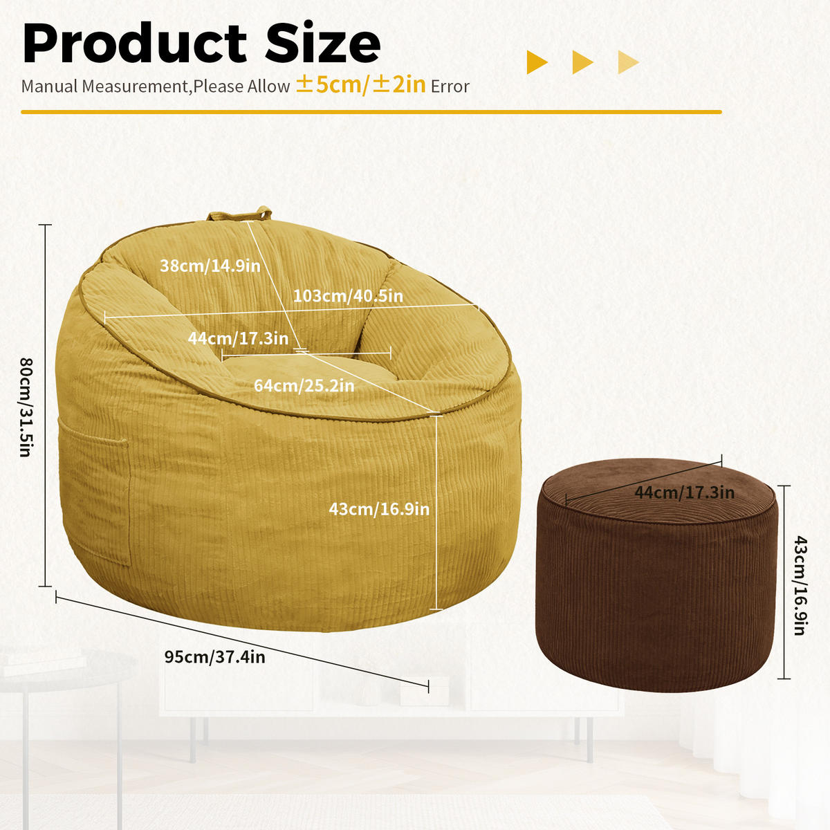 SITZSACK Flanell Gelb mit Hocker und Seitentasche - Gelb, Textil (103/80/95cm) - WISHDOR