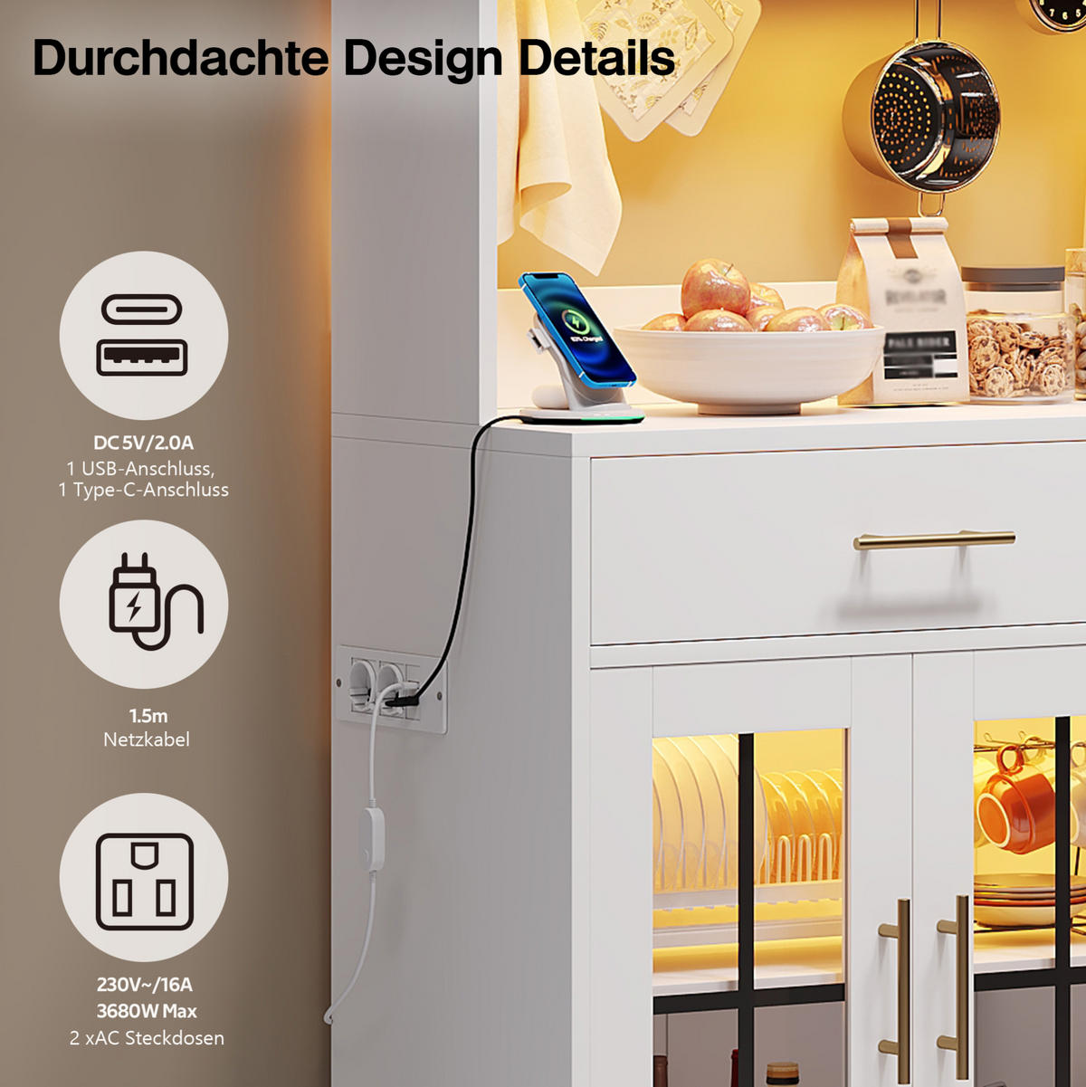 BUFFET 180/100 cm Weiß aus MDF mit LED-Beleuchtung - Weiß, Holzwerkstoff (40/180/100cm) - OKMYHOME