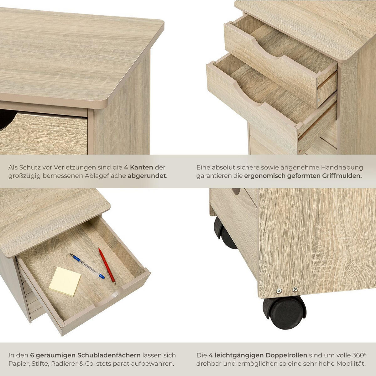 ROLLCONTAINER ,einfache Montage, 36 x 40 x 65 cm,Holz hell, Eiche Sonoma - Eiche Artisan, Holz (40/65/36cm) - tectake