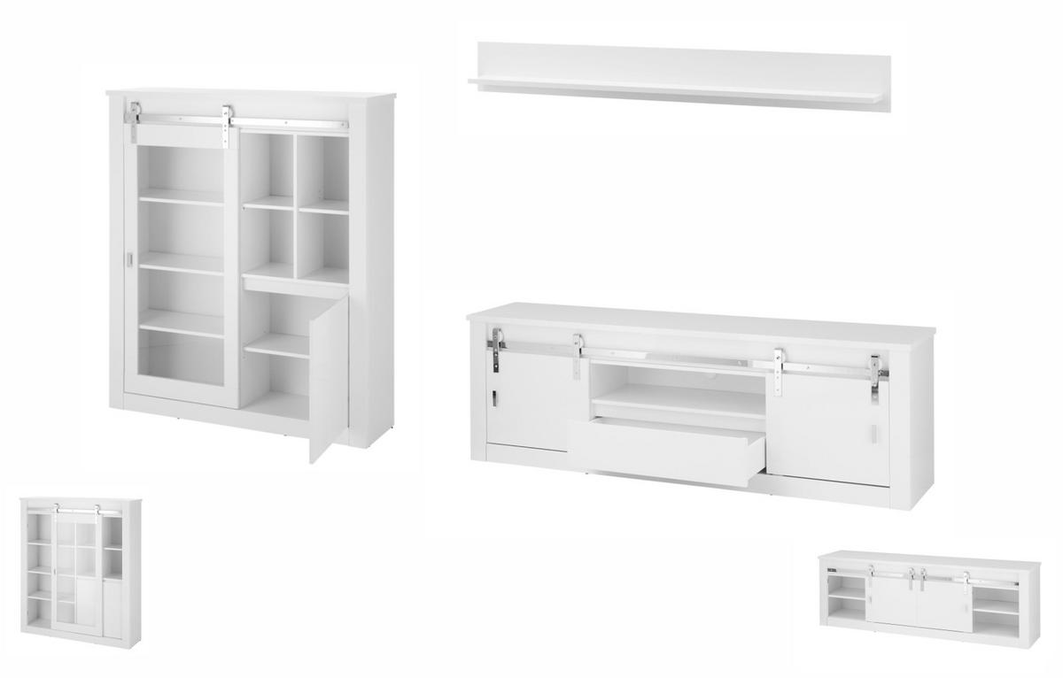 WOHNWAND weiß Hochglanz 3-teilig 349 x 170 cm, Wohnkombination inklusive LED-Beleuchtung, Soft-Close - Chromfarben/Weiß Hochglanz, Glas/Holzwerkstoff (349/170/43cm) - Furn.Design