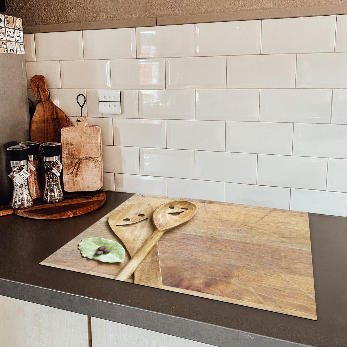 HERDABDECKPLATTE Holz - Löffel - Braun - Smiley 65x52 cm - Hellbraun, Kunststoff (65/52/0.2cm) - MuchoWow