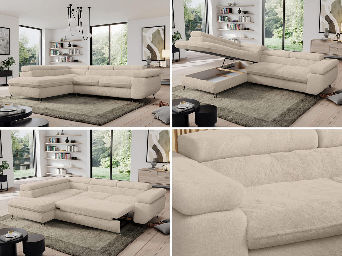 ECKSOFA PEDRO L Ecru Plüsch - Links Seite - Ecru/Schwarz, Textil/Metall (208/273cm) - MKS
