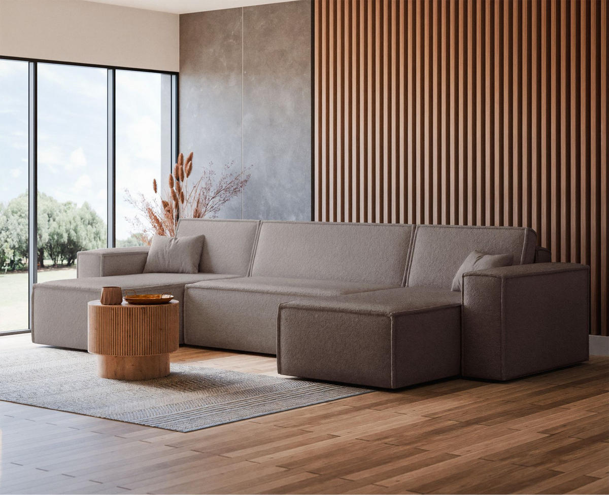 WOHNLANDSCHAFT Scarlo Hellbraun Bouclé-Bezug - Hellbraun/Schwarz, Kunststoff/Textil (312/83/145cm) - Selsey
