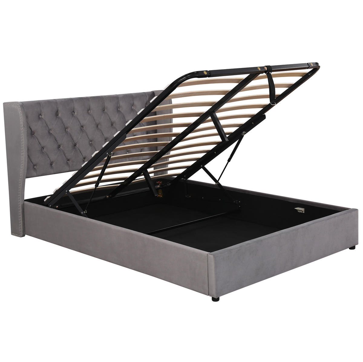 POLSTERBETT 140/190 cm mit hydraulischem Bettkasten, Samtbezug und Nieten-Design, Grau - Grau, Textil (140/190cm) - Redom