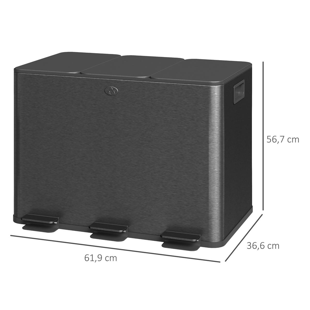 MÜLLEIMER 3x20L Abfalleimer aus Edelstahl mit Softclose Deckel Deodorant-Fächern - Schwarz, Metall (36.6/56.7/61.9cm) - HOMCOM