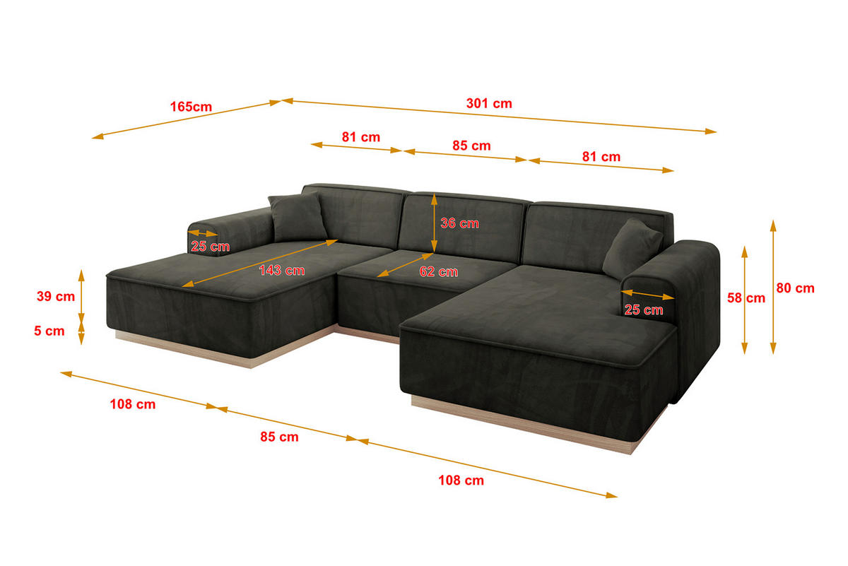 WOHNLANDSCHAFT IREA-U1 - 301x165x80 cm Schwarz - Schwarz, Holzwerkstoff/Textil (301/80/165cm) - ALTDECOR