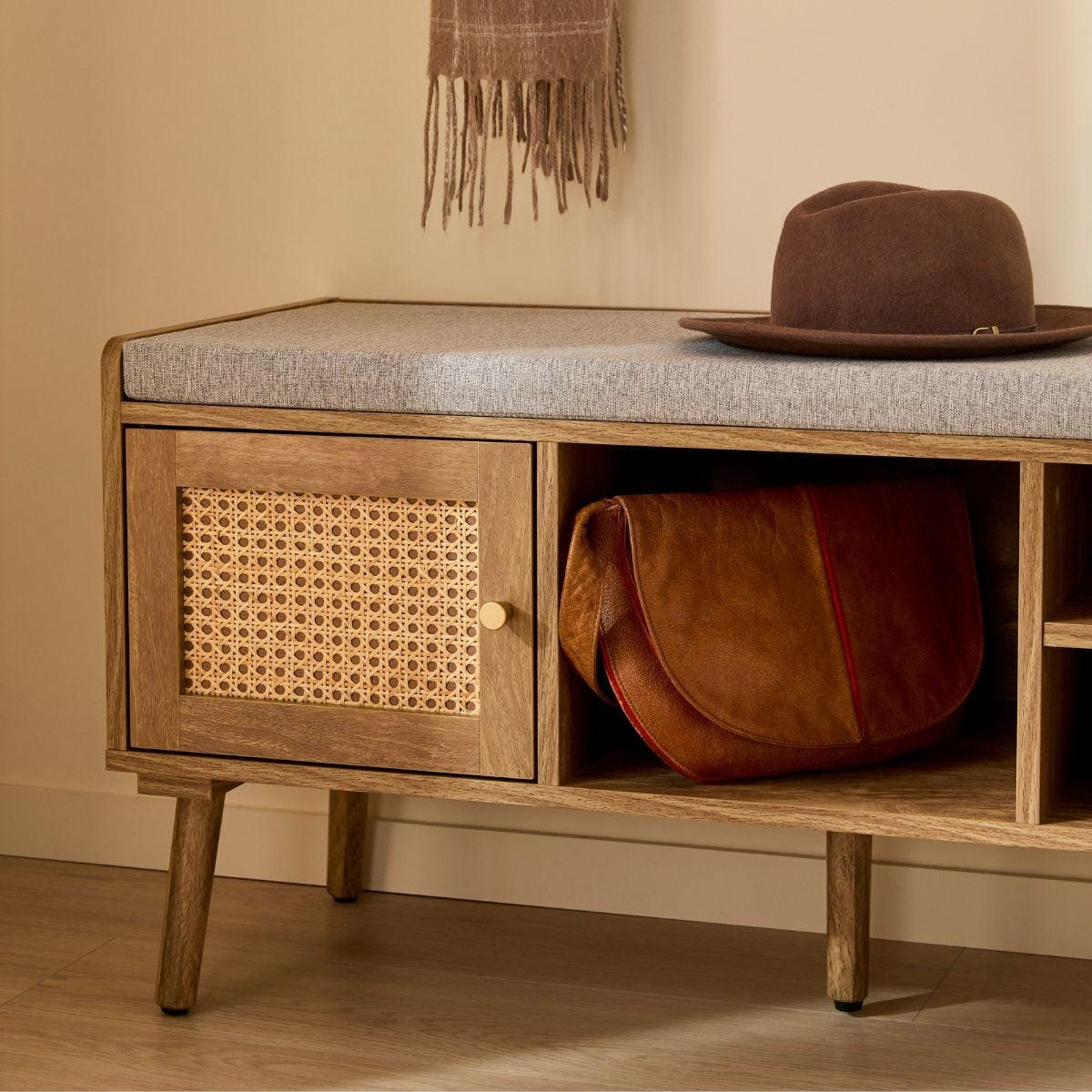 SCHUHBANK 1 Tür mit Rattanfront und 3 offenen Fächern L100 cm 39/100/49 cm - Eschefarben, Holzwerkstoff (46/49/39cm) - Calicosy