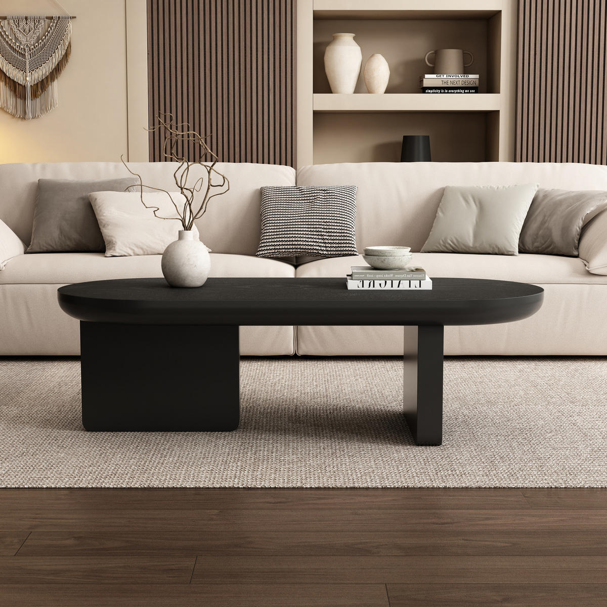 COUCHTISCH aus MDF 119,7x49,8x35,5 cm Schwarz mit ovaler Tischplatte - Schwarz, Holzwerkstoff (119.7/49.8/35.5cm) - IVMEU