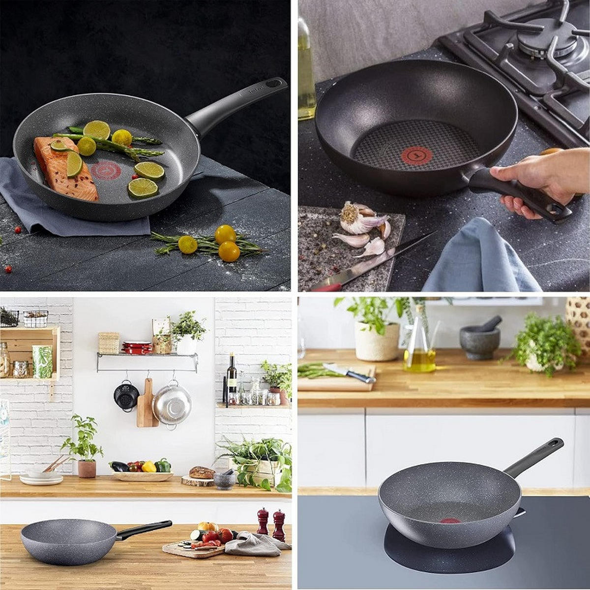 WOKPFANNE 28cm Induktion geeignet -G28019 Natural On- Titan Mineralia+ Antihaftbeschichtet, Induktionsgeeignet, ThermoSpot, Wok Spülmaschinenfest - Grau, Metall (28cm) - Tefal