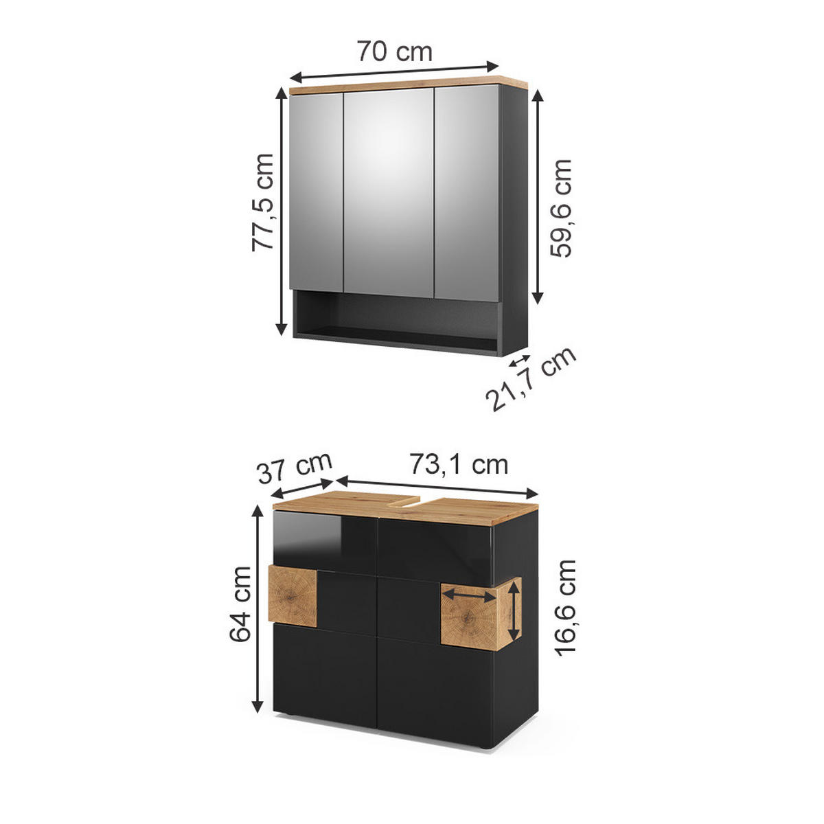 BADMÖBEL-SET Eden Anthrazit 2 Teile - Anthrazit/Eiche Artisan, Holzwerkstoff (73/64/37cm) - Vicco