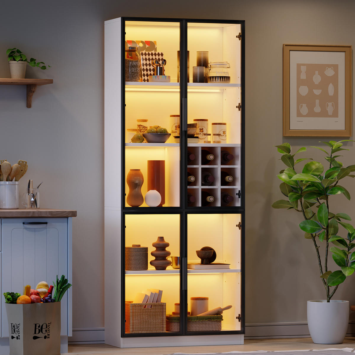 VITRINE 80/35/200 cm in Weiß mit LED-Beleuchtung und Weinfach - Weiß, Holzwerkstoff (80/200/35cm) - Flora Grace