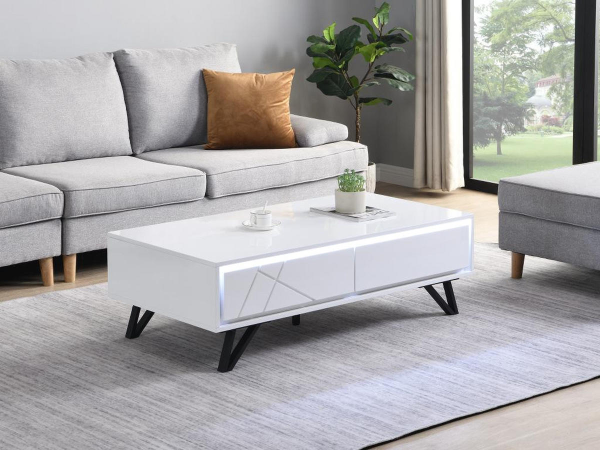 COUCHTISCH mit 2 Schubladen & LED-Beleuchtung aus MDF - Weiß lackiert - SALIANO - Weiß, Holz (120/60/38cm) - Vente-Unique