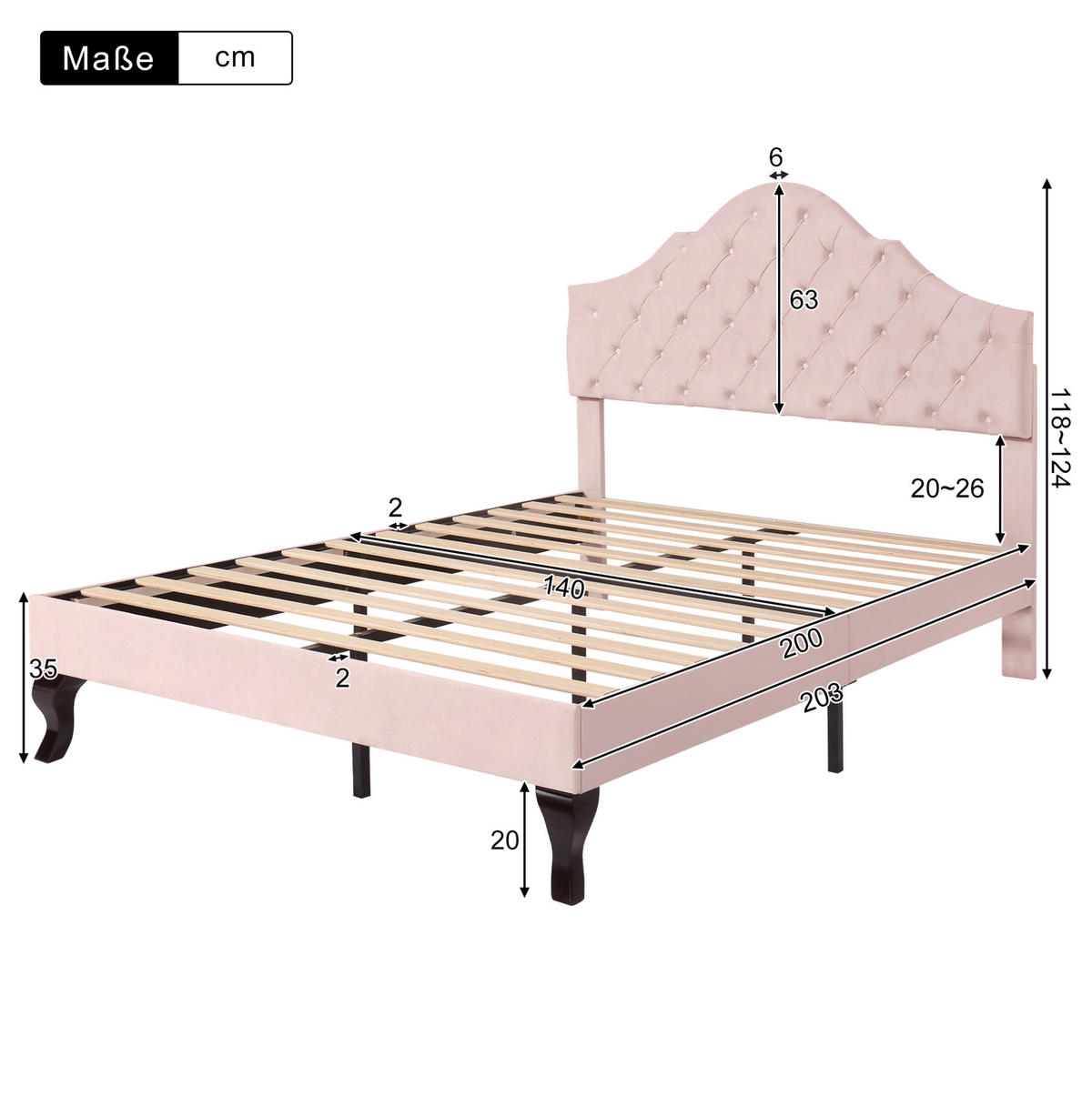 POLSTERBETT aus Samt 140x200 cm Rosa mit höhenverstellbarem Kopfteil und Lattenrost - Rosa, Textil (140/200cm) - IVMEU