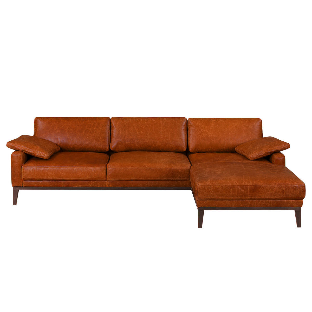 ECKSOFA mit Longchair - Cognac/Dunkelbraun, Leder/Holz (249/171cm) - home24