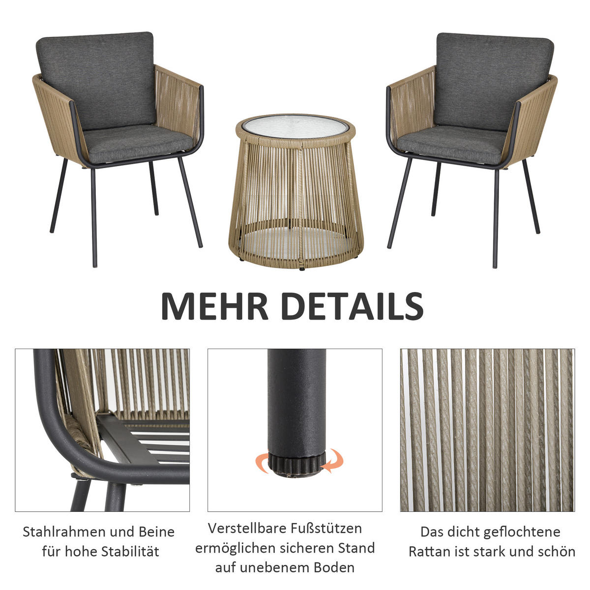 SITZGRUPPE, 3-tlg. Rattan Gartenmöbel-Set, Gartengarnitur mit 2 Gartenstühle - Grau, Kunststoff - Outsunny