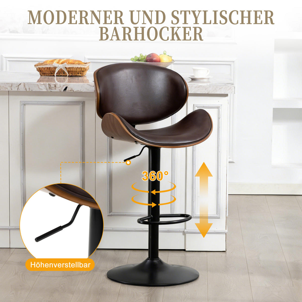 BARHOCKER 2er-Set Drehbar,mit Sitzkissen und Fußstützen Kunstleder Braun - Braun, Textil/Metall (51/93/50cm) - PARAFTA HOME